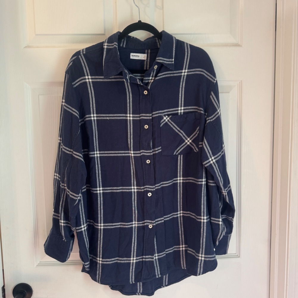 Sonoma Button Front Shirt Womens 0X Navy Blue Plaid Flannel Long Sleeve Cotton